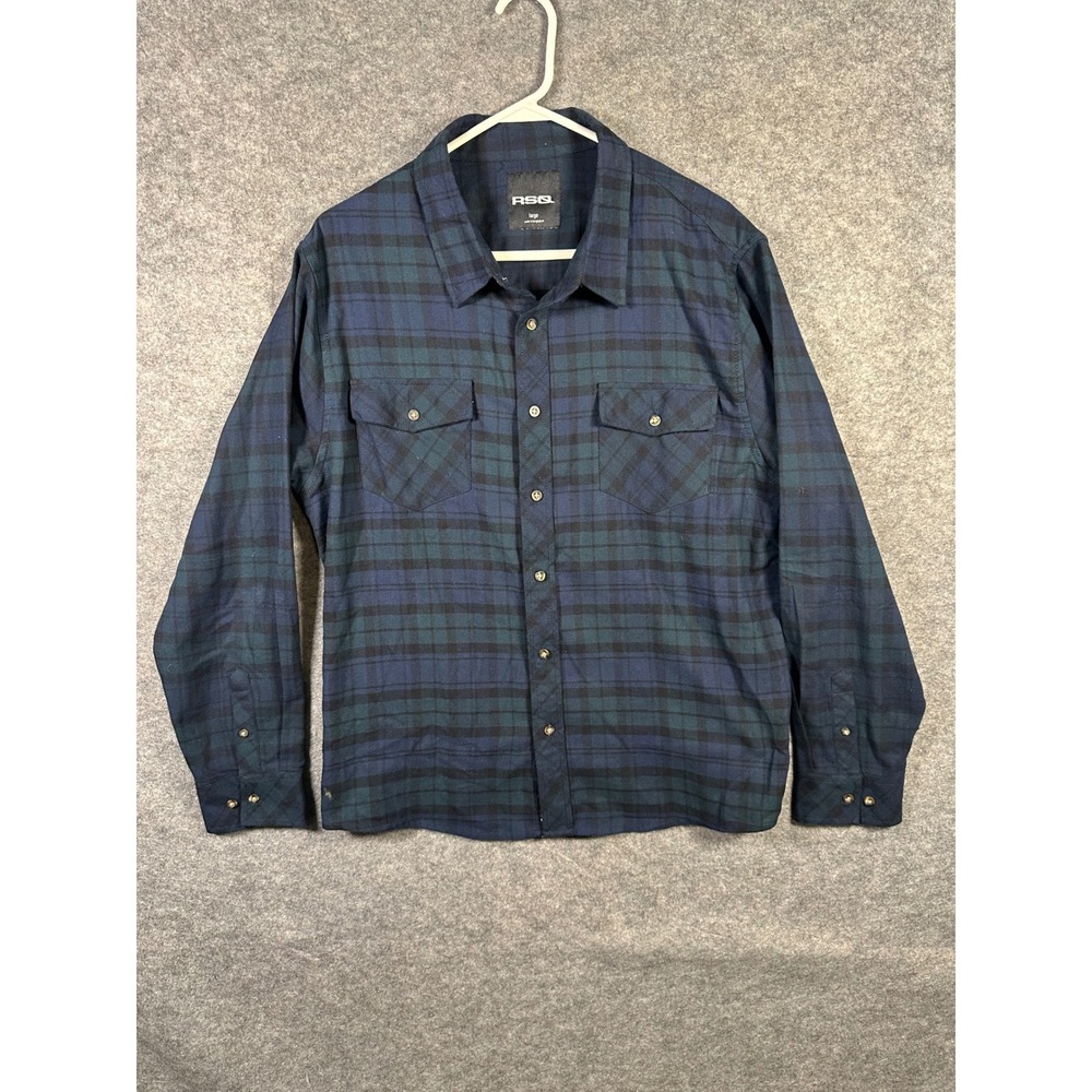 RSQ Mens‎ Flannel Shirt, Large, Blue Green Plaid, Long Sleeve, Casual, Outdoors